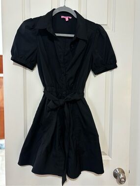 Black Short-Sleeve Belted Mini Dress